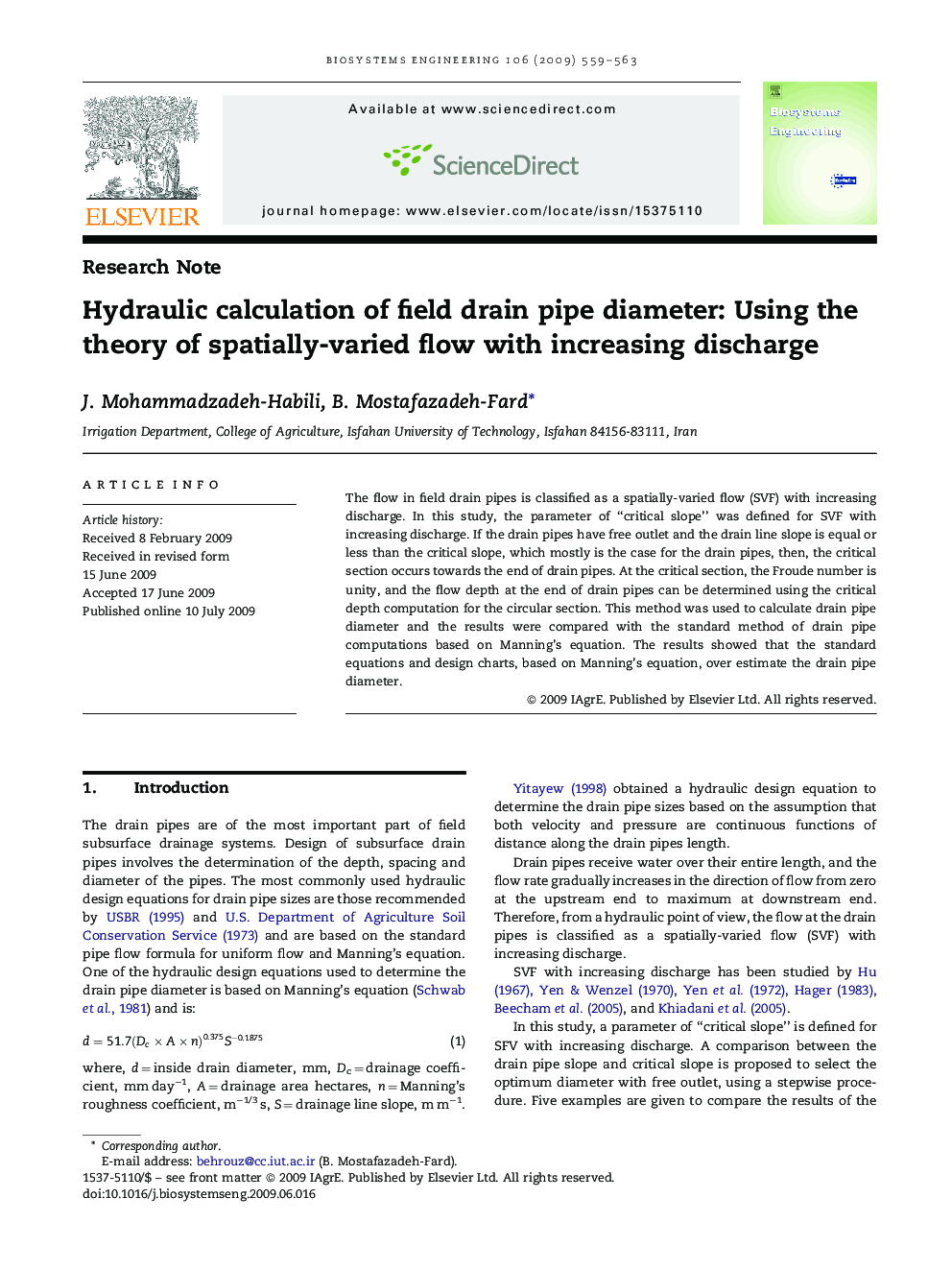 Hydraulic calculation of field drain pipe diameter: Using the theory of spatially-varied flow with increasing discharge