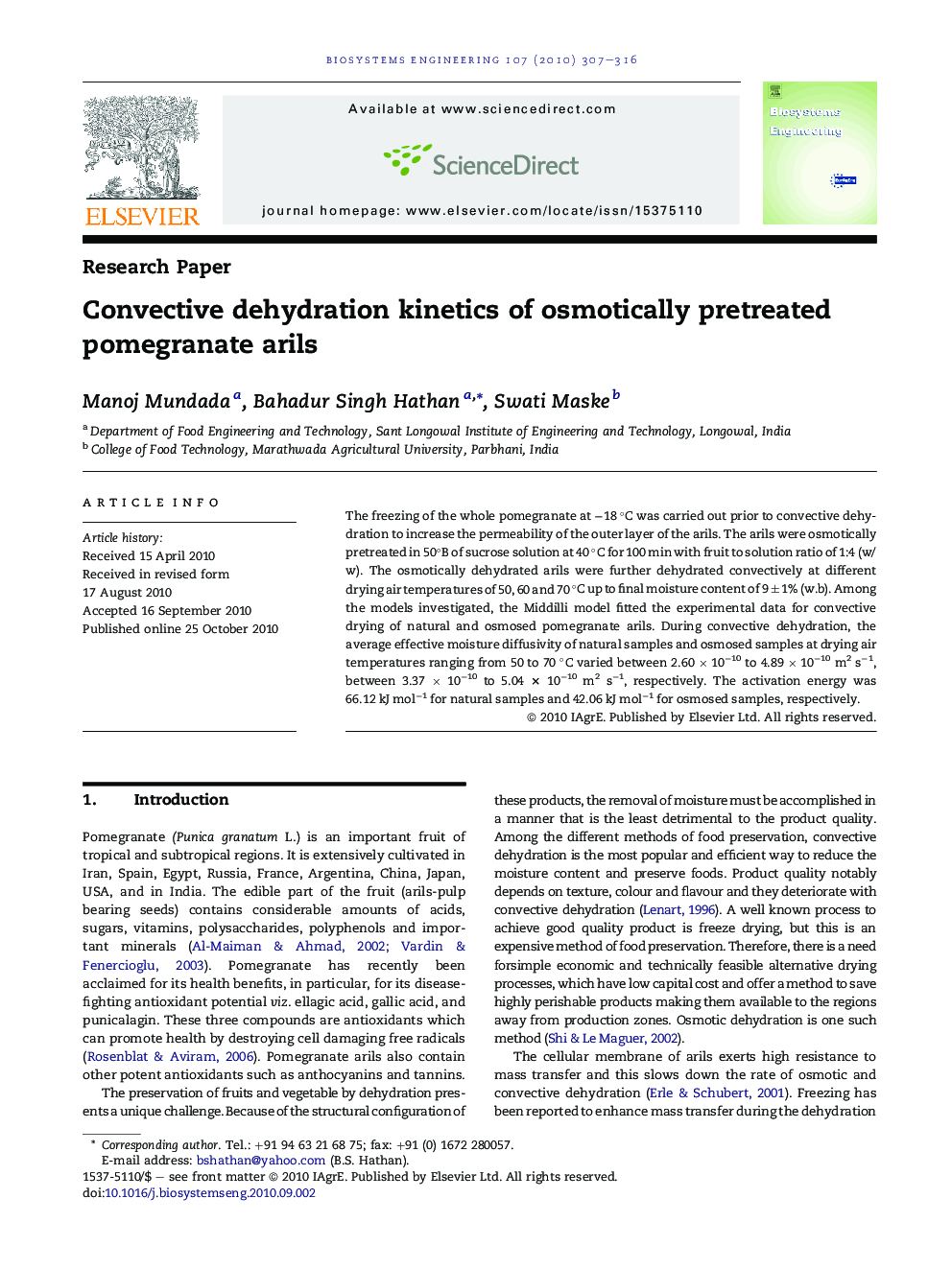 Convective dehydration kinetics of osmotically pretreated pomegranate arils