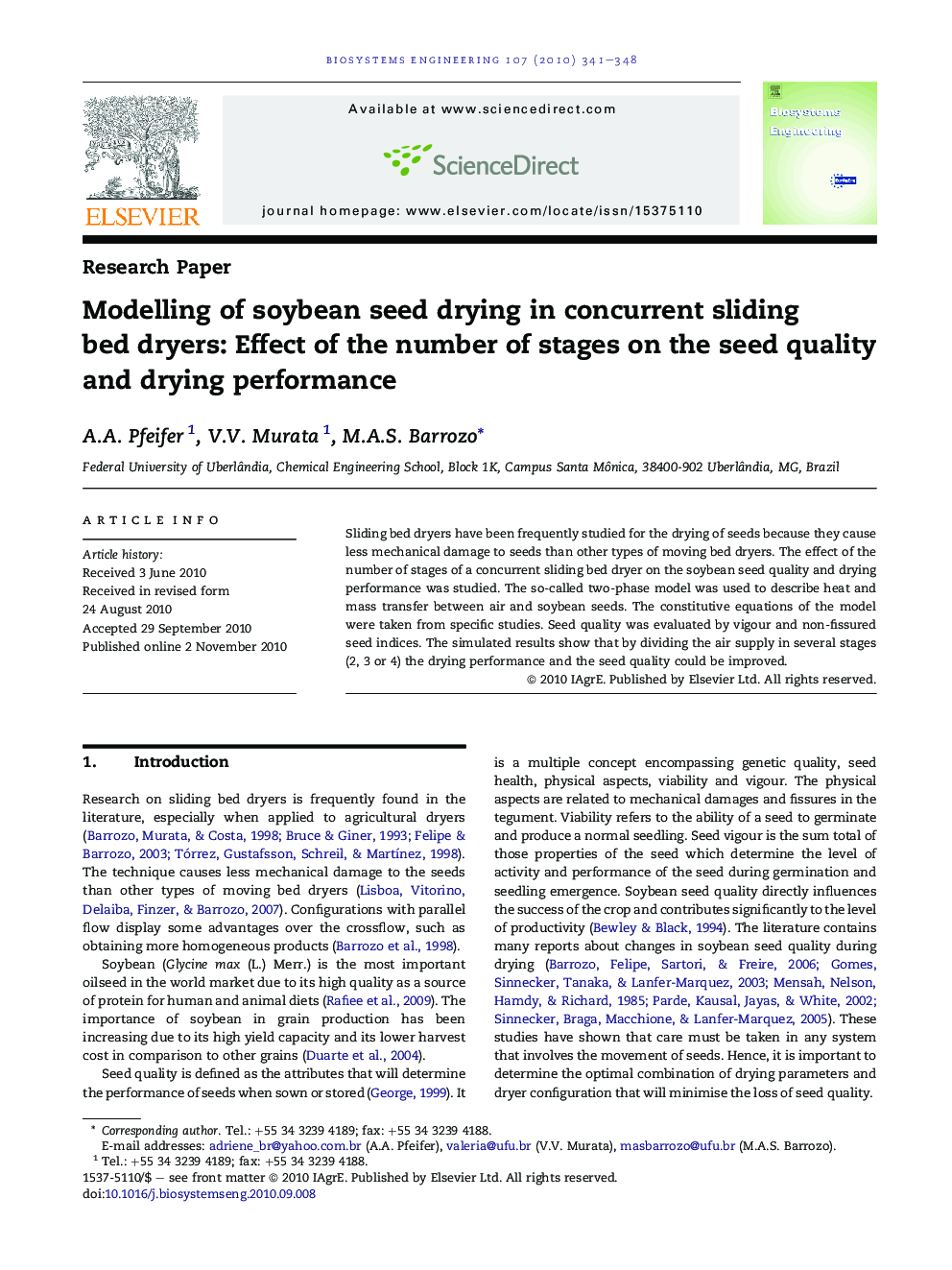 Modelling of soybean seed drying in concurrent sliding bed dryers: Effect of the number of stages on the seed quality and drying performance