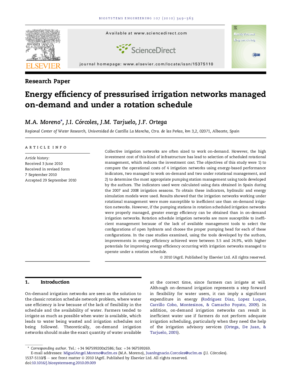 Energy efficiency of pressurised irrigation networks managed on-demand and under a rotation schedule