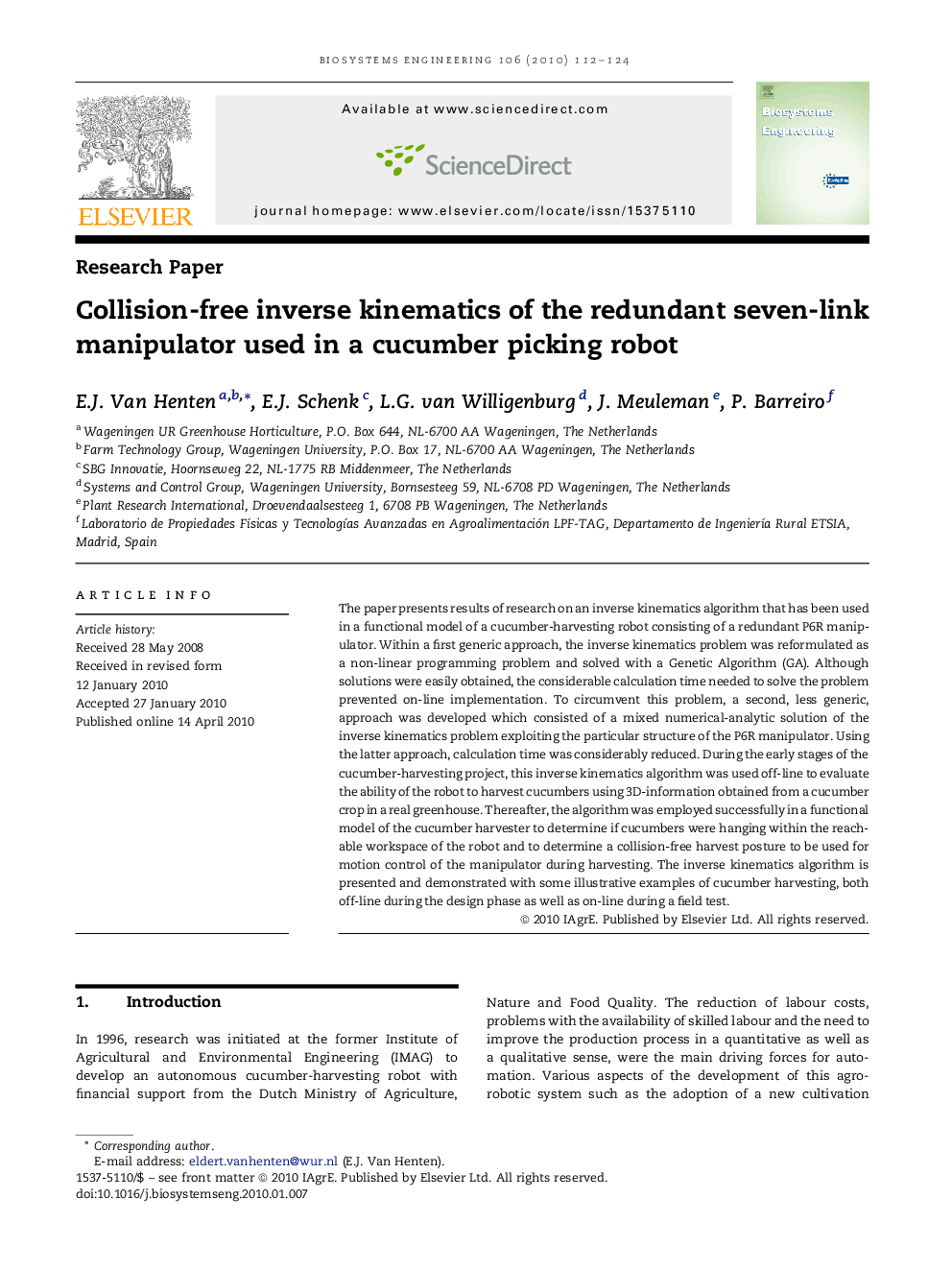 Collision-free inverse kinematics of the redundant seven-link manipulator used in a cucumber picking robot