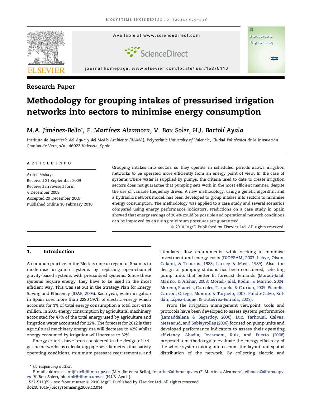 Methodology for grouping intakes of pressurised irrigation networks into sectors to minimise energy consumption