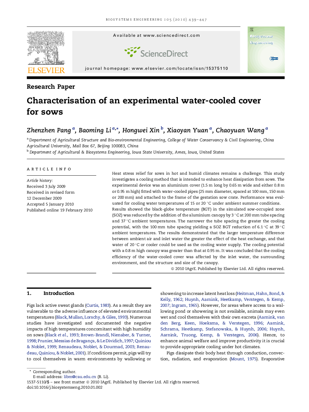 Characterisation of an experimental water-cooled cover for sows