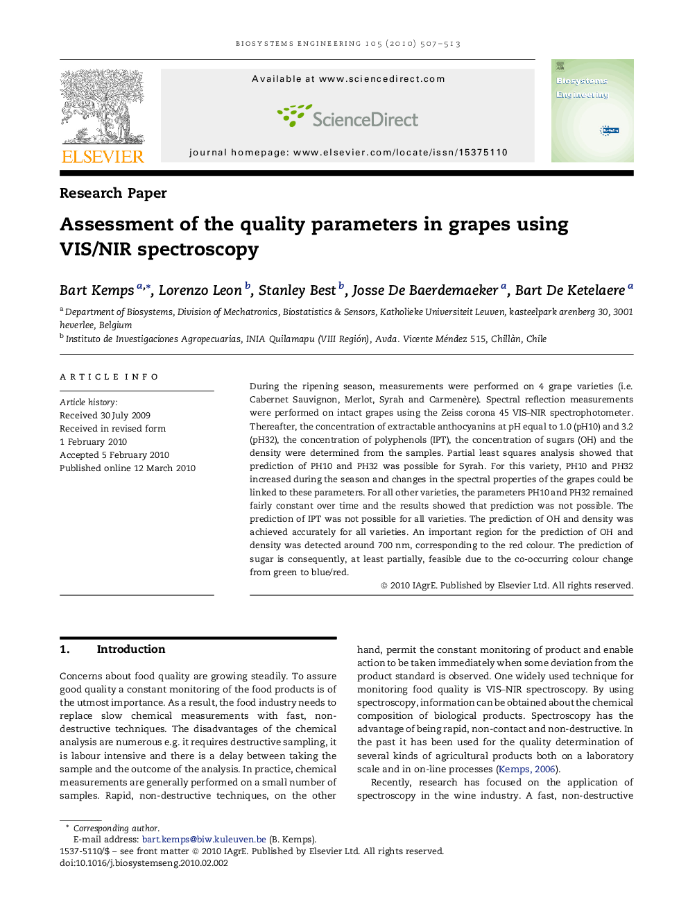 Assessment of the quality parameters in grapes using VIS/NIR spectroscopy