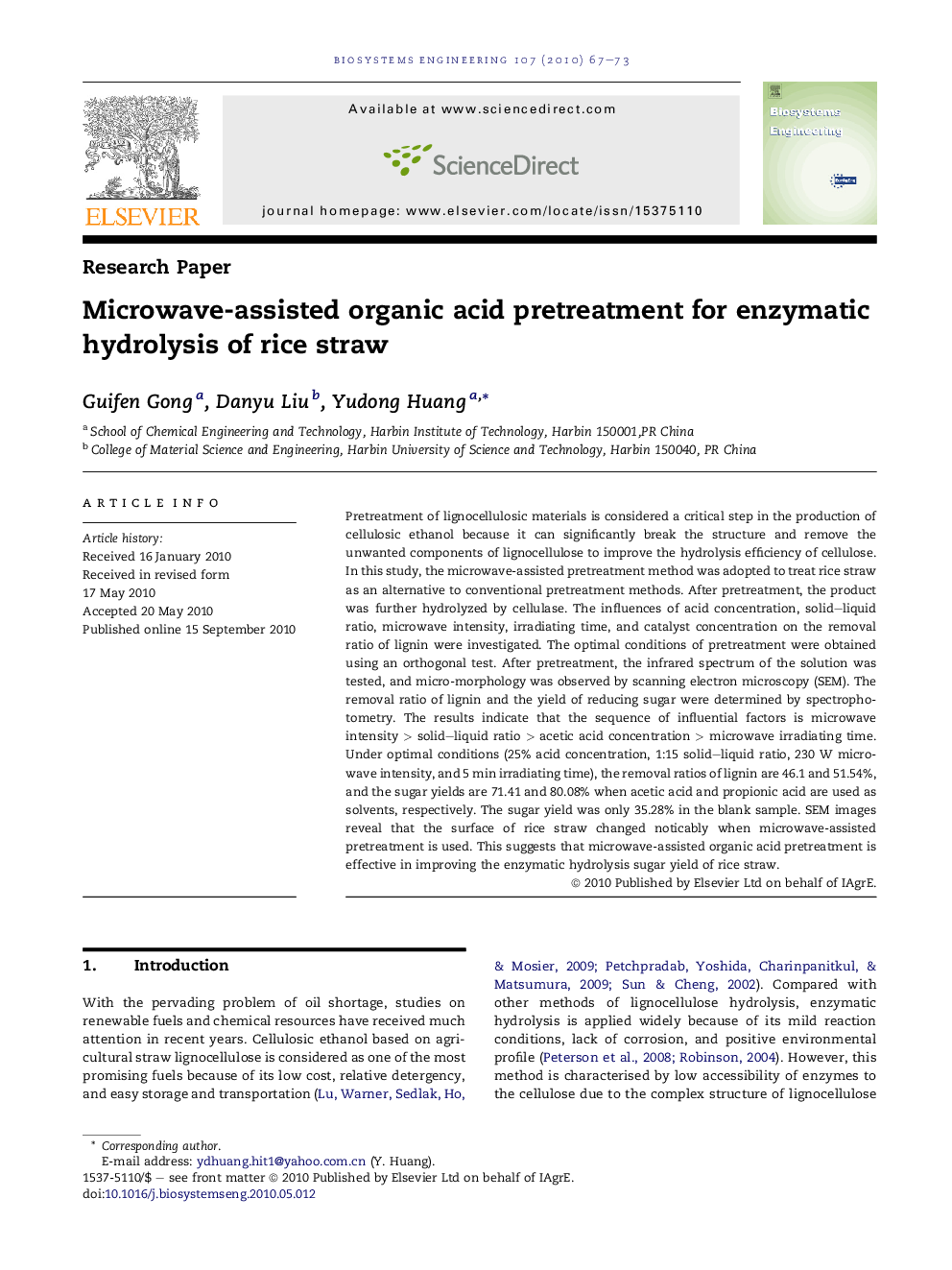 Microwave-assisted organic acid pretreatment for enzymatic hydrolysis of rice straw