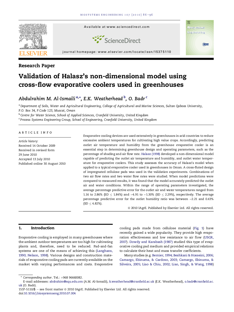 Validation of Halasz’s non-dimensional model using cross-flow evaporative coolers used in greenhouses