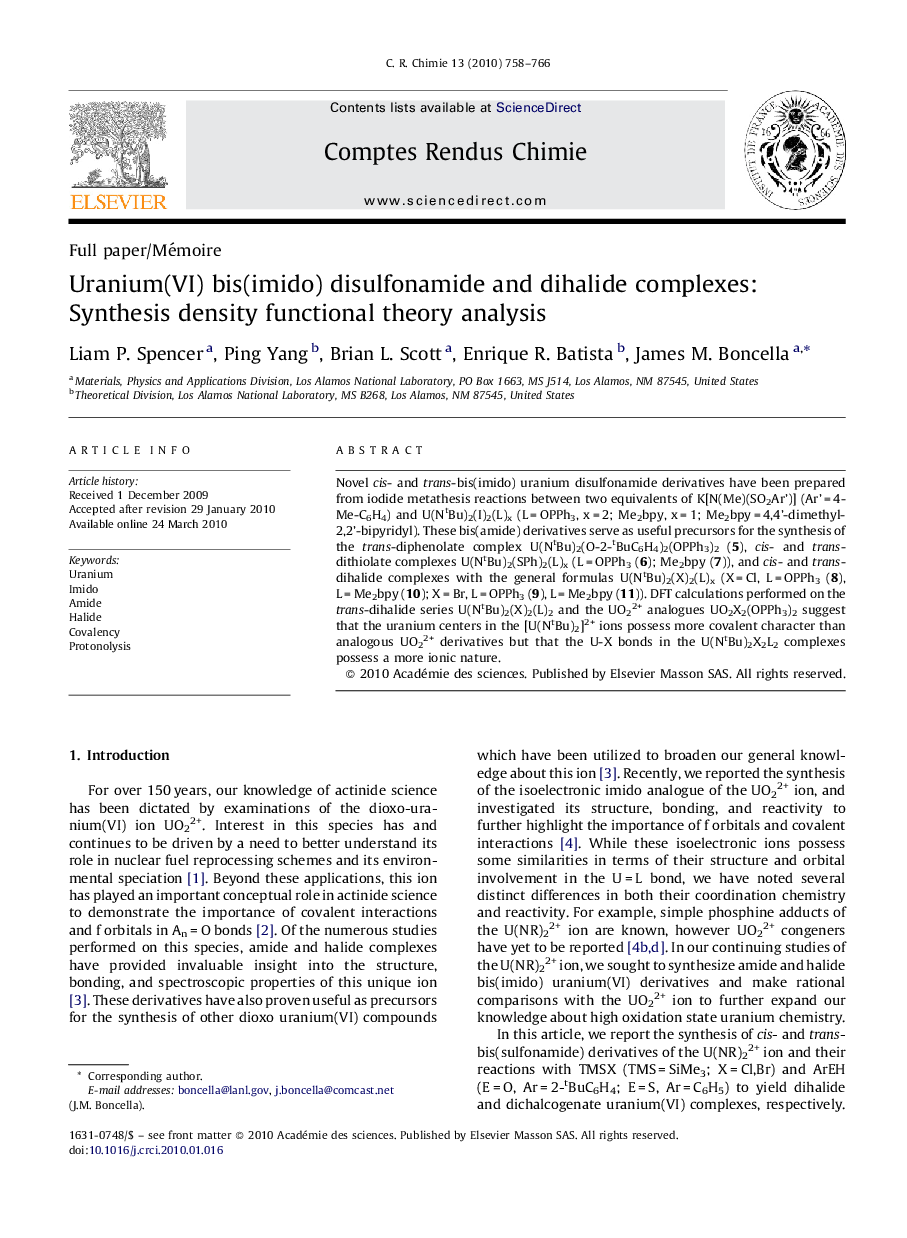 Uranium(VI) bis(imido) disulfonamide and dihalide complexes: Synthesis density functional theory analysis