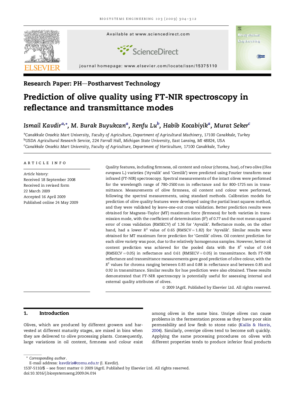 Prediction of olive quality using FT-NIR spectroscopy in reflectance and transmittance modes