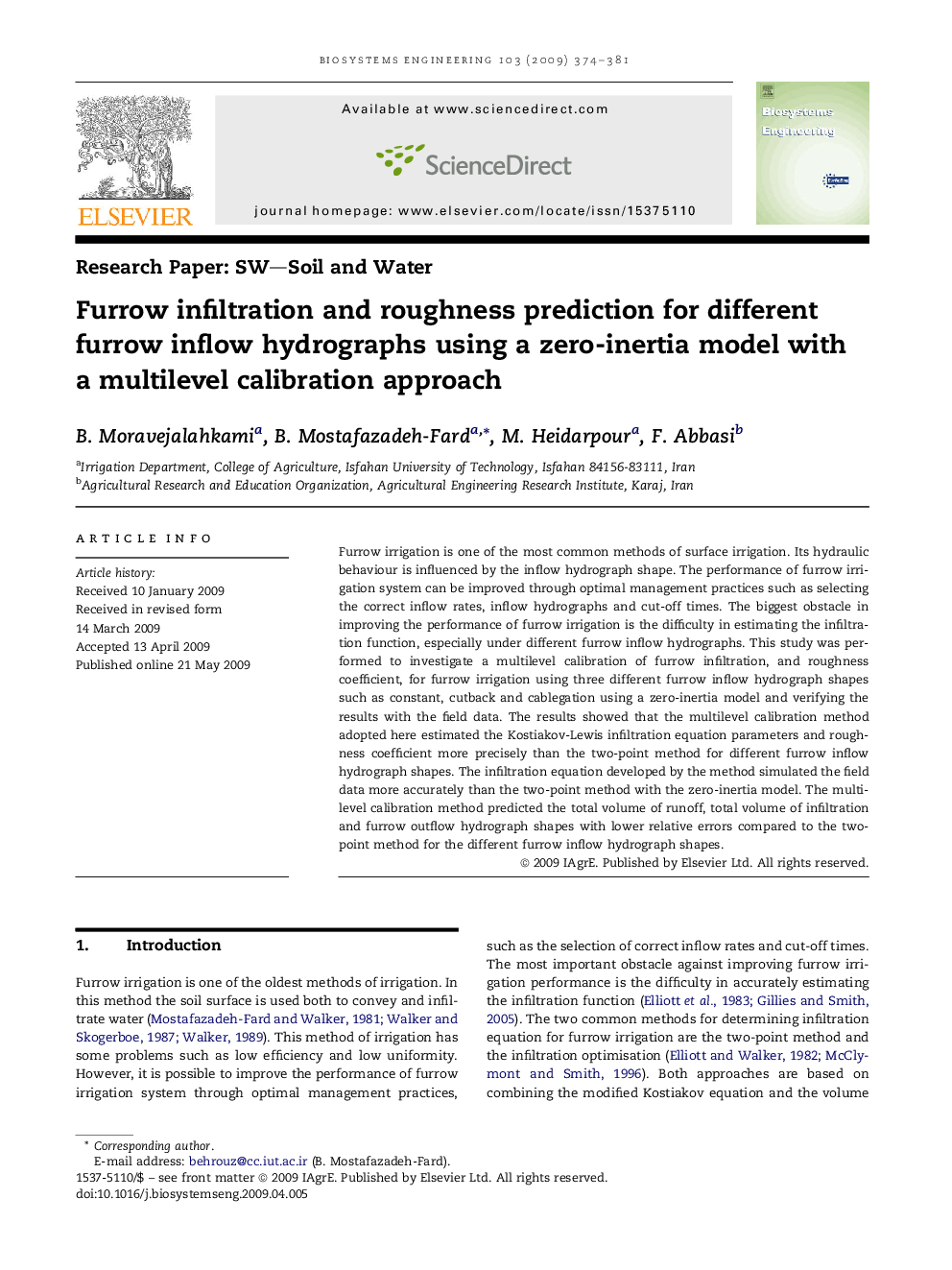 Furrow infiltration and roughness prediction for different furrow inflow hydrographs using a zero-inertia model with a multilevel calibration approach