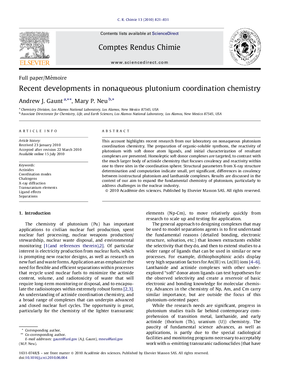 Recent developments in nonaqueous plutonium coordination chemistry