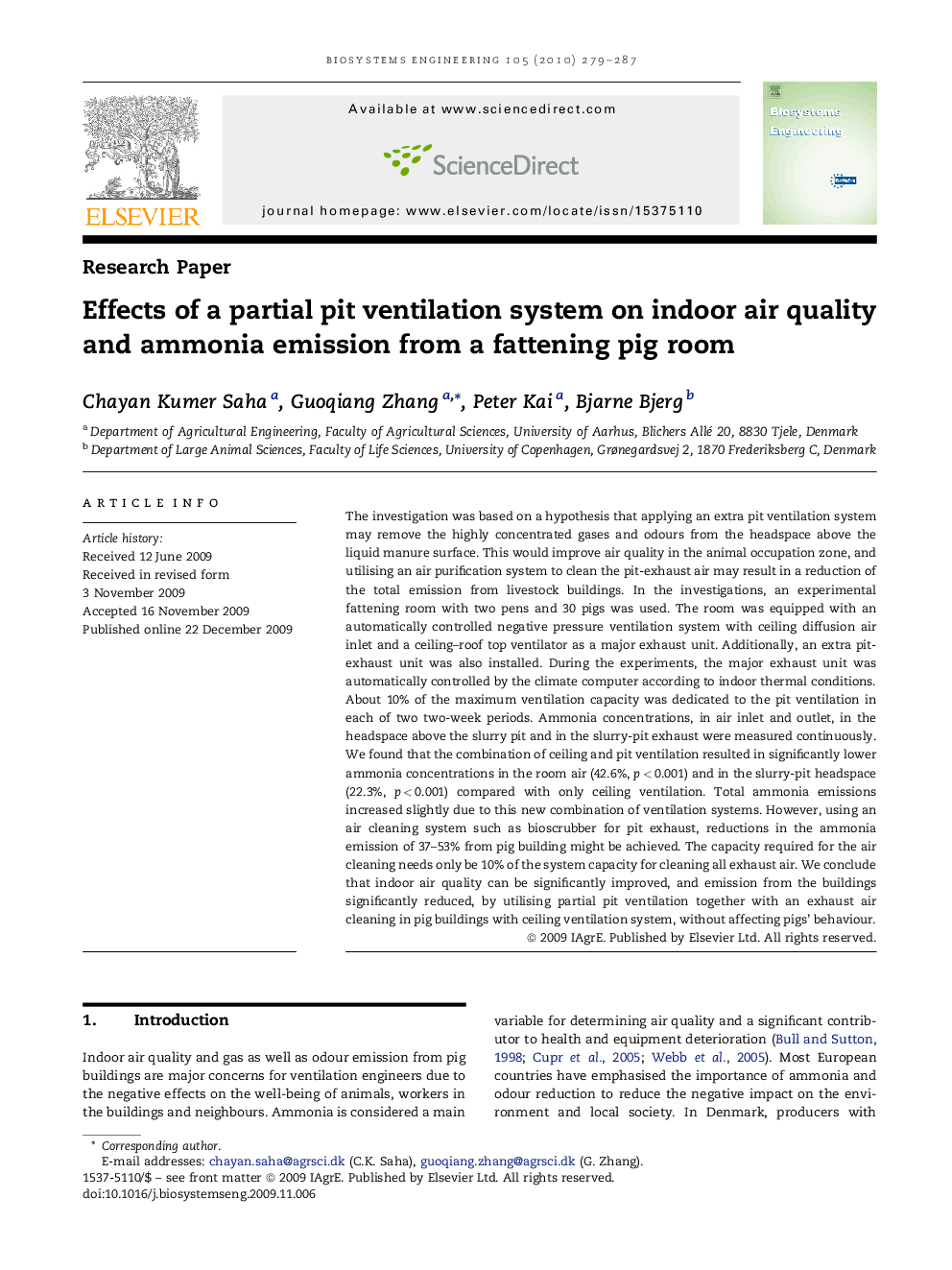 Effects of a partial pit ventilation system on indoor air quality and ammonia emission from a fattening pig room