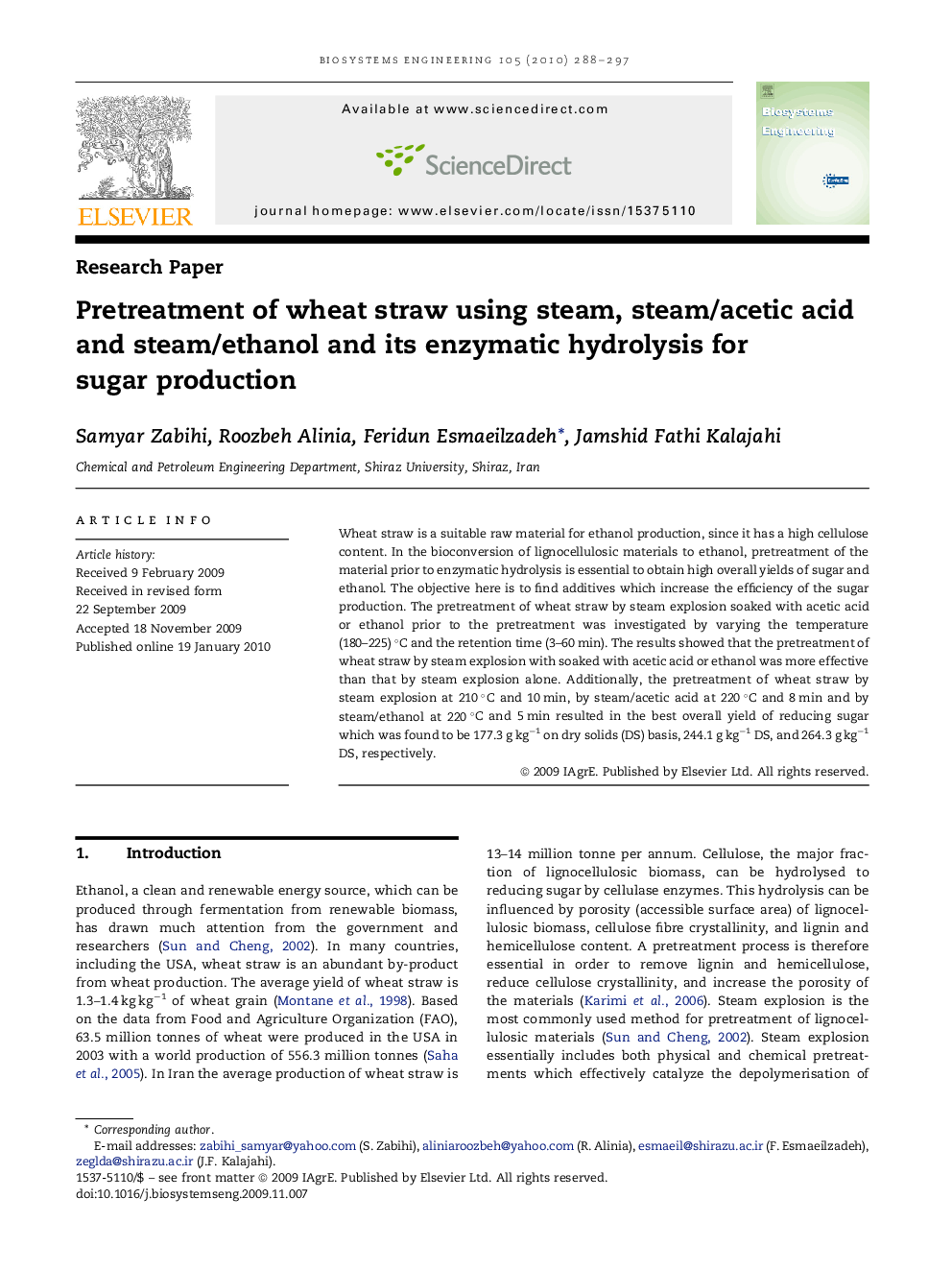 Pretreatment of wheat straw using steam, steam/acetic acid and steam/ethanol and its enzymatic hydrolysis for sugar production