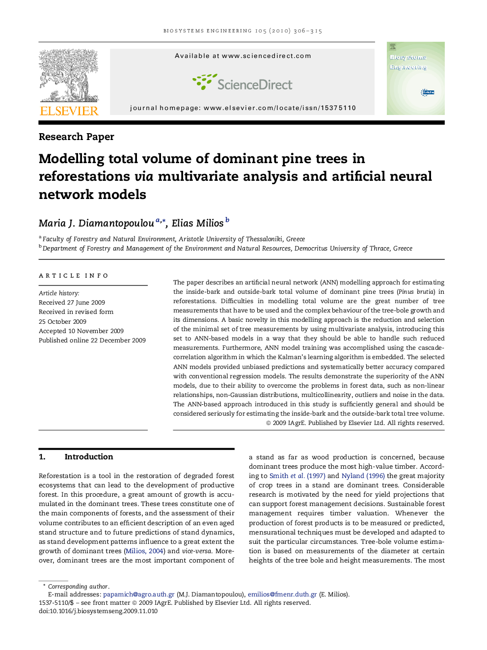 Modelling total volume of dominant pine trees in reforestations via multivariate analysis and artificial neural network models