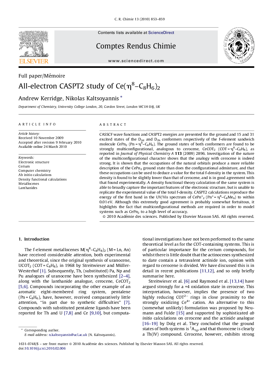 All-electron CASPT2 study of Ce(η8–C8H6)2