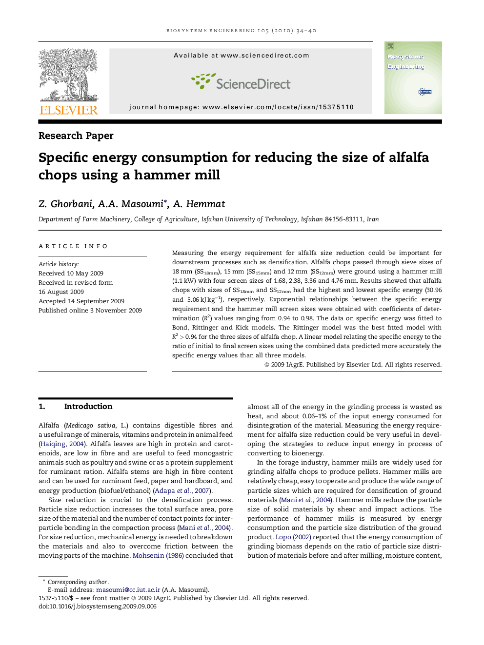 Specific energy consumption for reducing the size of alfalfa chops using a hammer mill