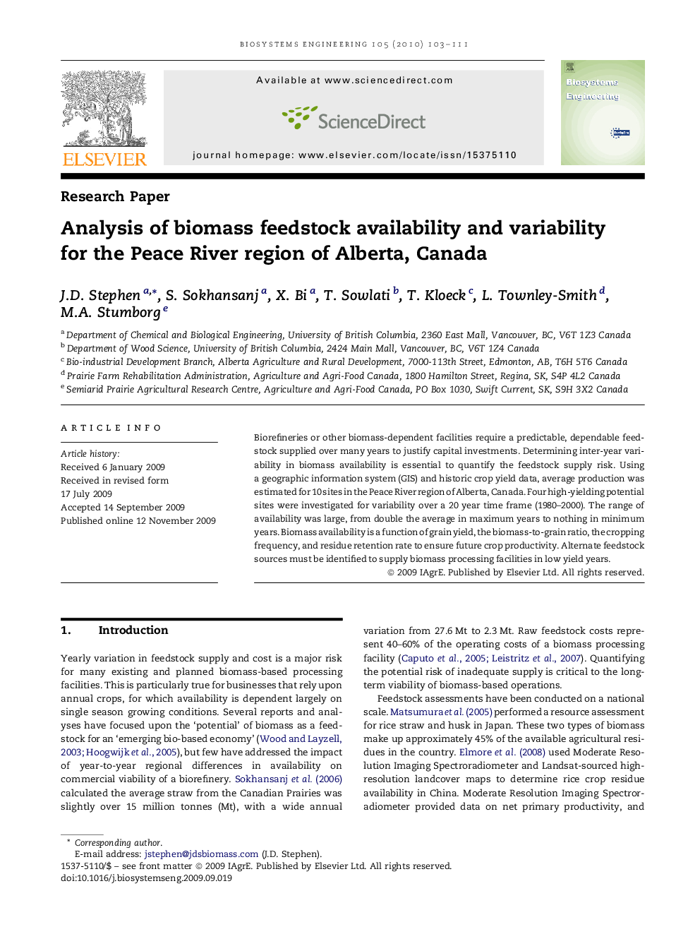 Analysis of biomass feedstock availability and variability for the Peace River region of Alberta, Canada