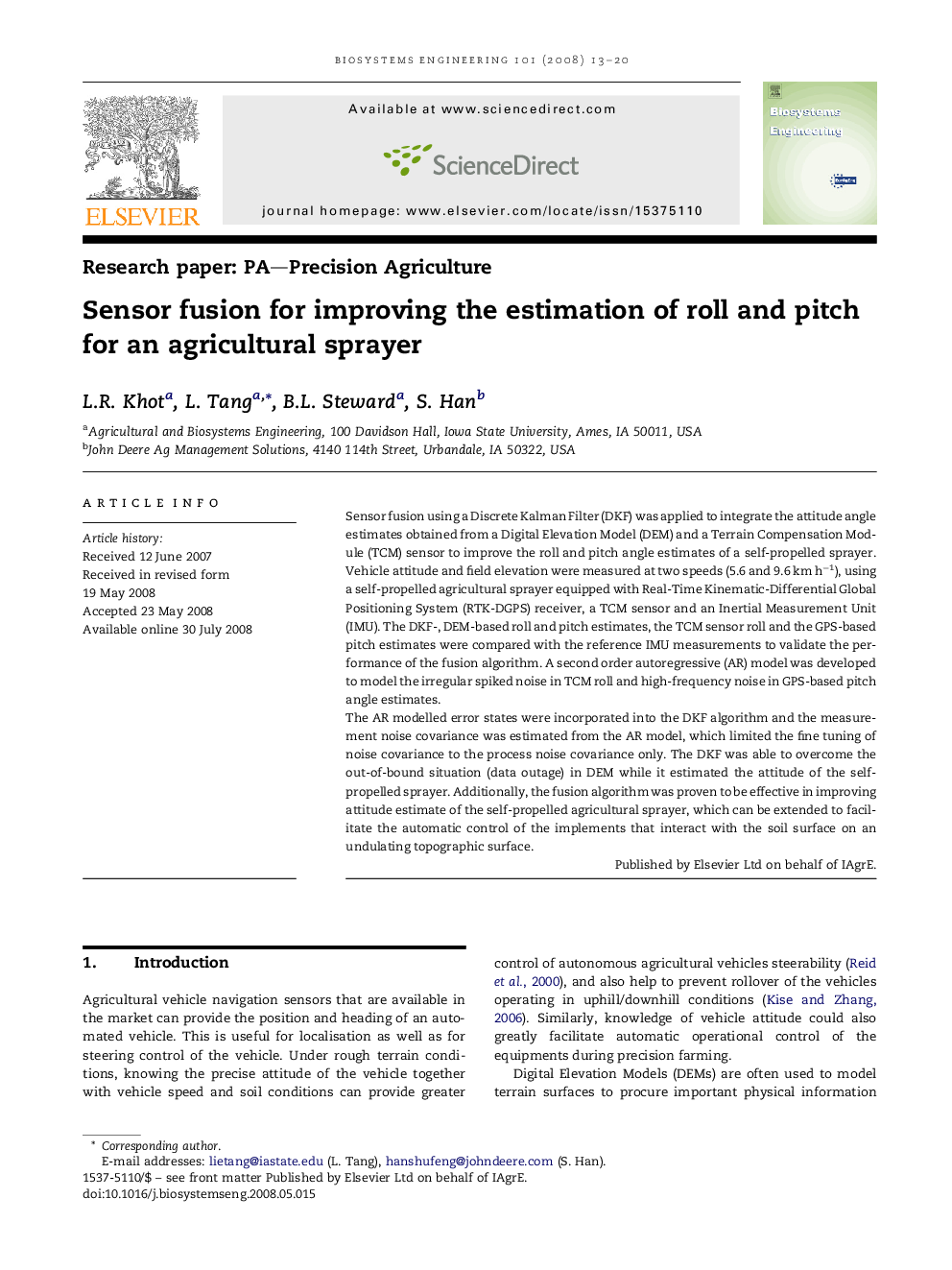 Sensor fusion for improving the estimation of roll and pitch for an agricultural sprayer