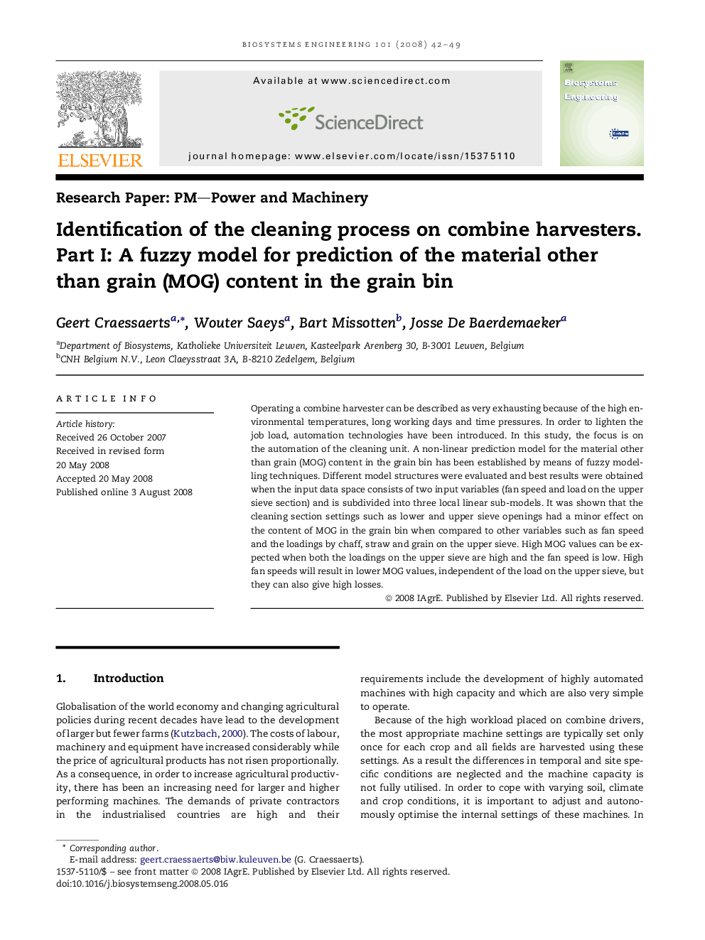 Identification of the cleaning process on combine harvesters. Part I: A fuzzy model for prediction of the material other than grain (MOG) content in the grain bin