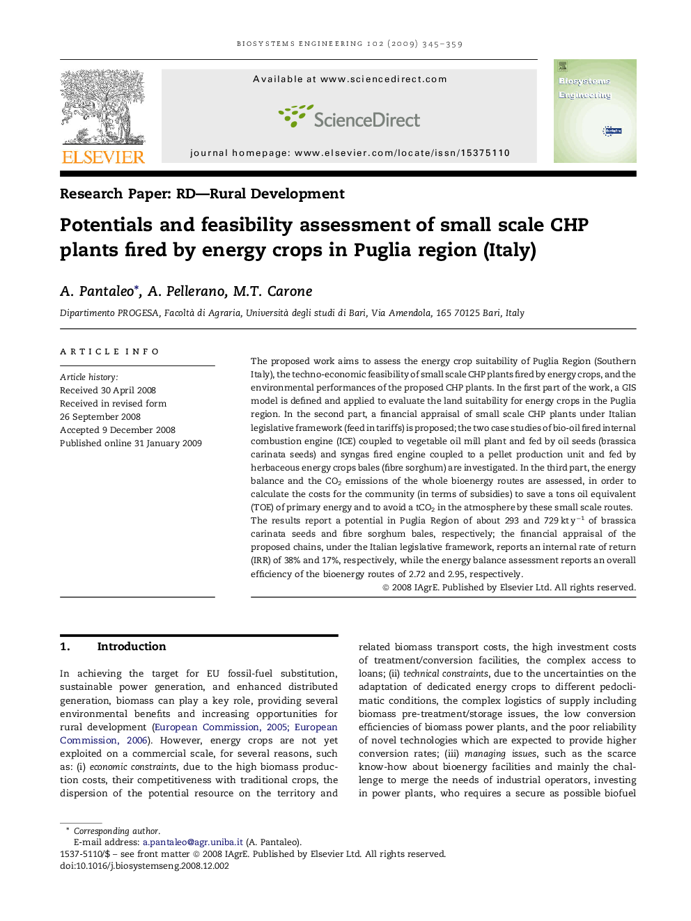 Potentials and feasibility assessment of small scale CHP plants fired by energy crops in Puglia region (Italy)