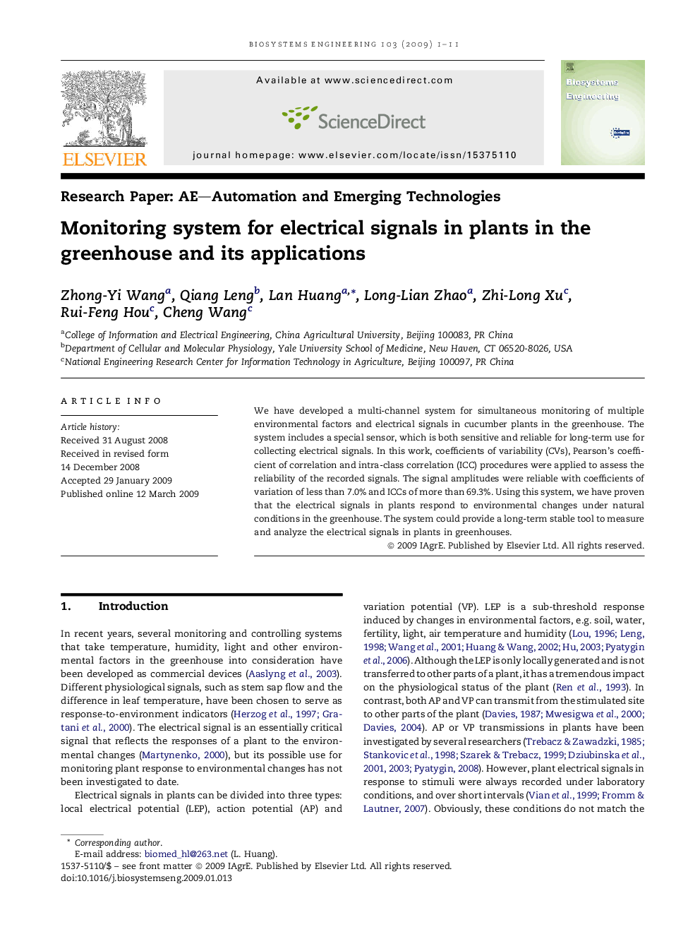 Monitoring system for electrical signals in plants in the greenhouse and its applications