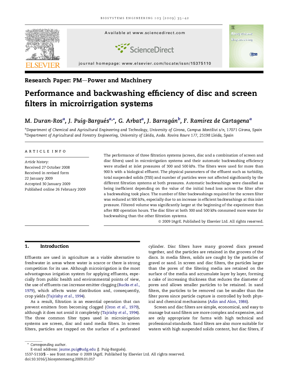 Performance and backwashing efficiency of disc and screen filters in microirrigation systems