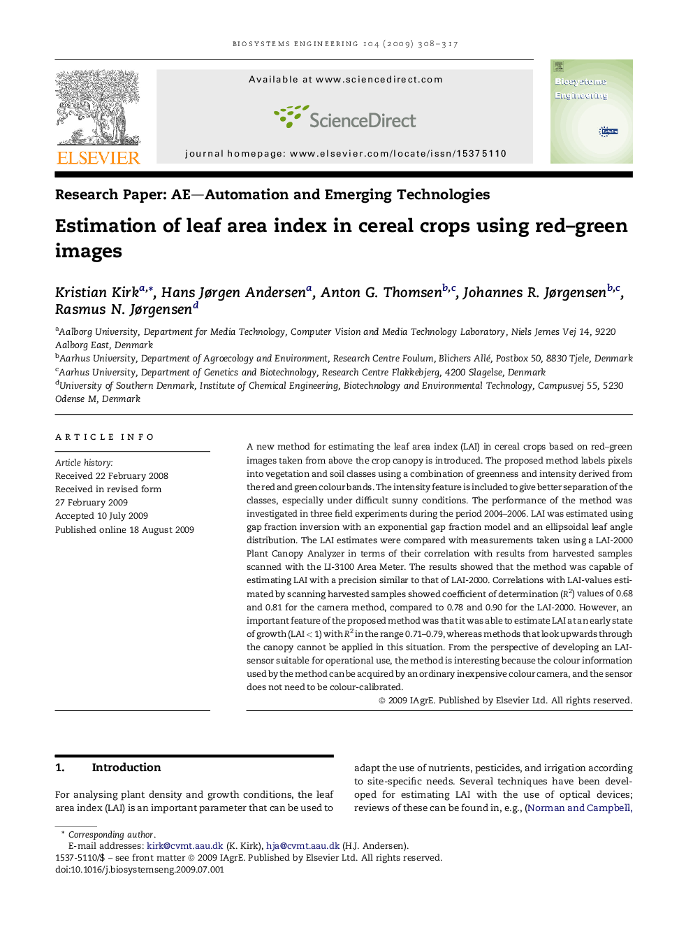 Estimation of leaf area index in cereal crops using red–green images