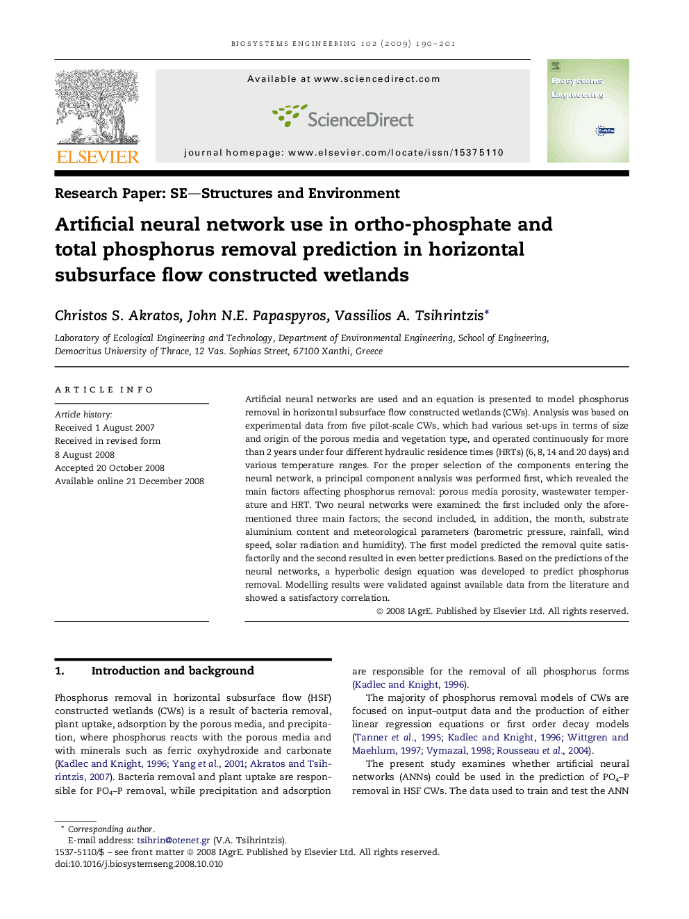 Artificial neural network use in ortho-phosphate and total phosphorus removal prediction in horizontal subsurface flow constructed wetlands