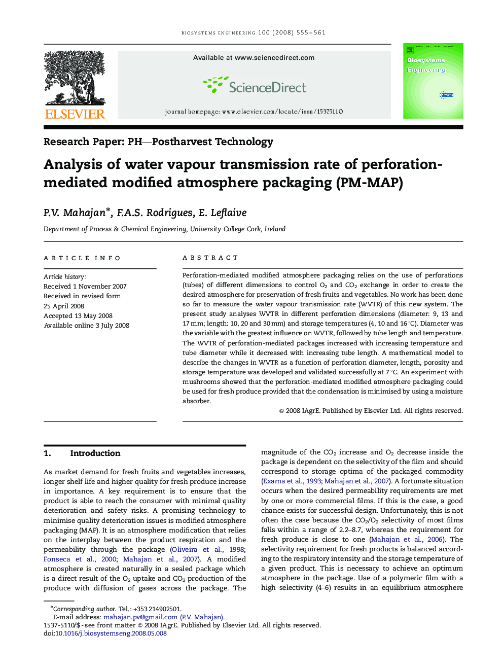 Analysis of water vapour transmission rate of perforation-mediated modified atmosphere packaging (PM-MAP)