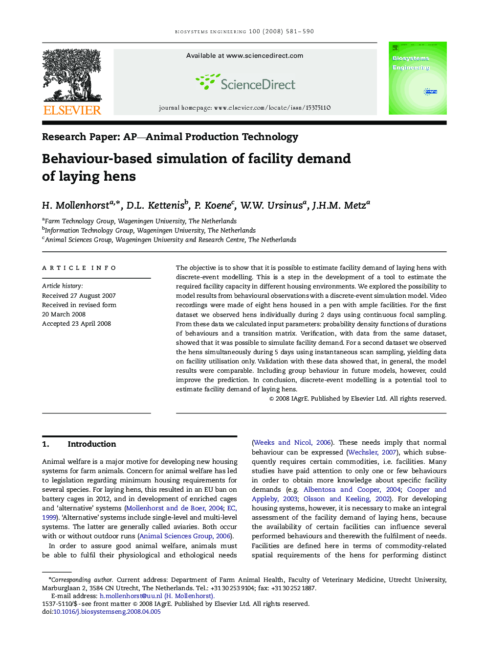 Behaviour-based simulation of facility demand of laying hens