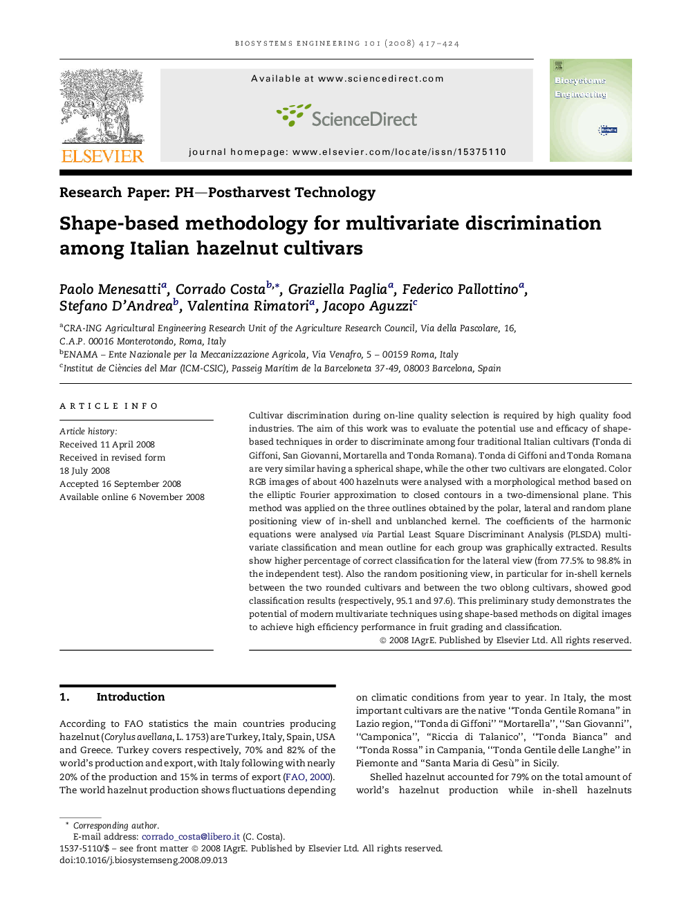 Shape-based methodology for multivariate discrimination among Italian hazelnut cultivars