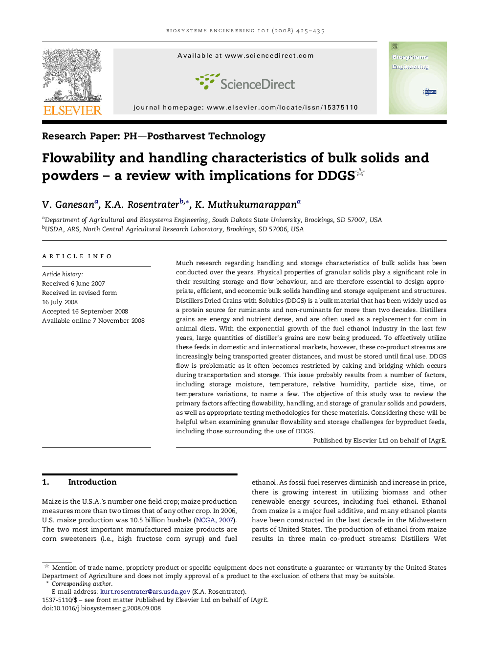 Flowability and handling characteristics of bulk solids and powders – a review with implications for DDGS 