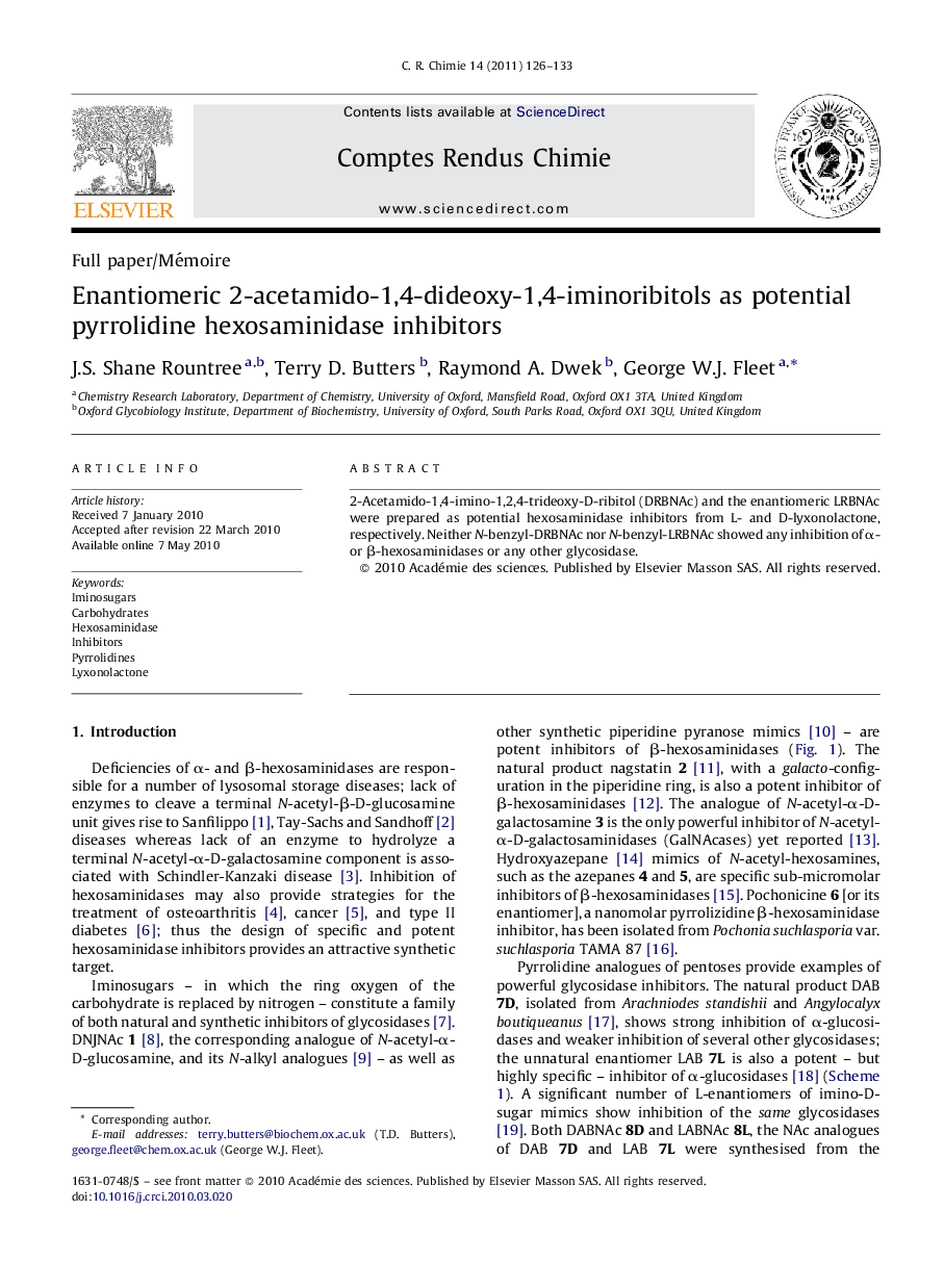 Enantiomeric 2-acetamido-1,4-dideoxy-1,4-iminoribitols as potential pyrrolidine hexosaminidase inhibitors