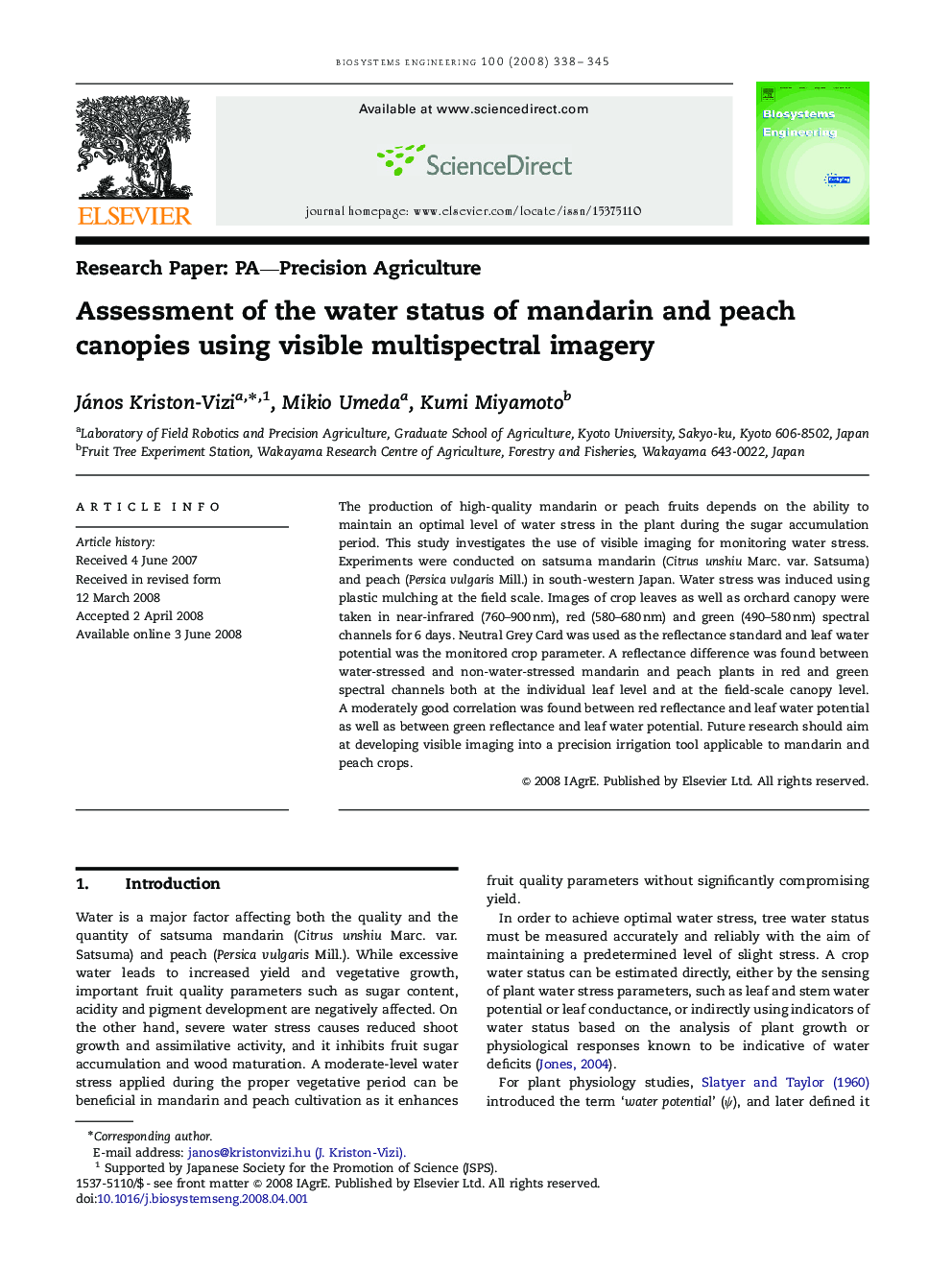 Assessment of the water status of mandarin and peach canopies using visible multispectral imagery