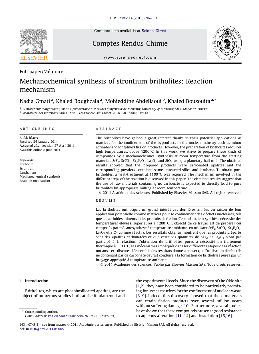 Mechanochemical synthesis of strontium britholites: Reaction mechanism