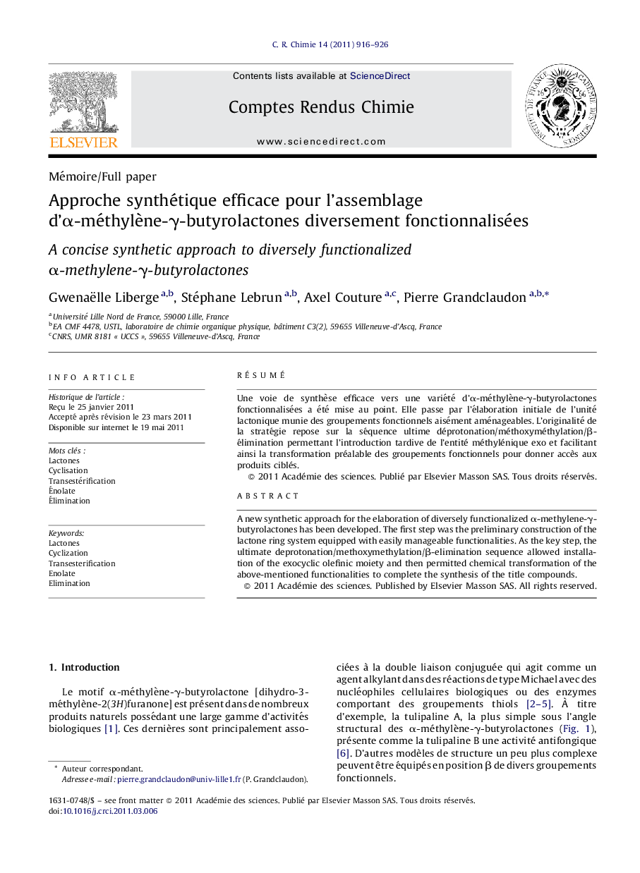 Approche synthétique efficace pour l’assemblage d’α-méthylène-γ-butyrolactones diversement fonctionnalisées