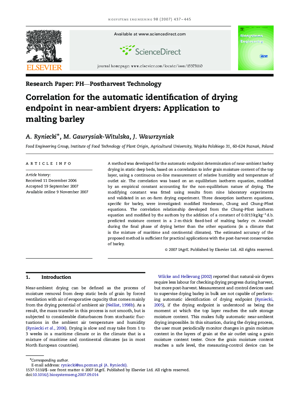 Correlation for the automatic identification of drying endpoint in near-ambient dryers: Application to malting barley