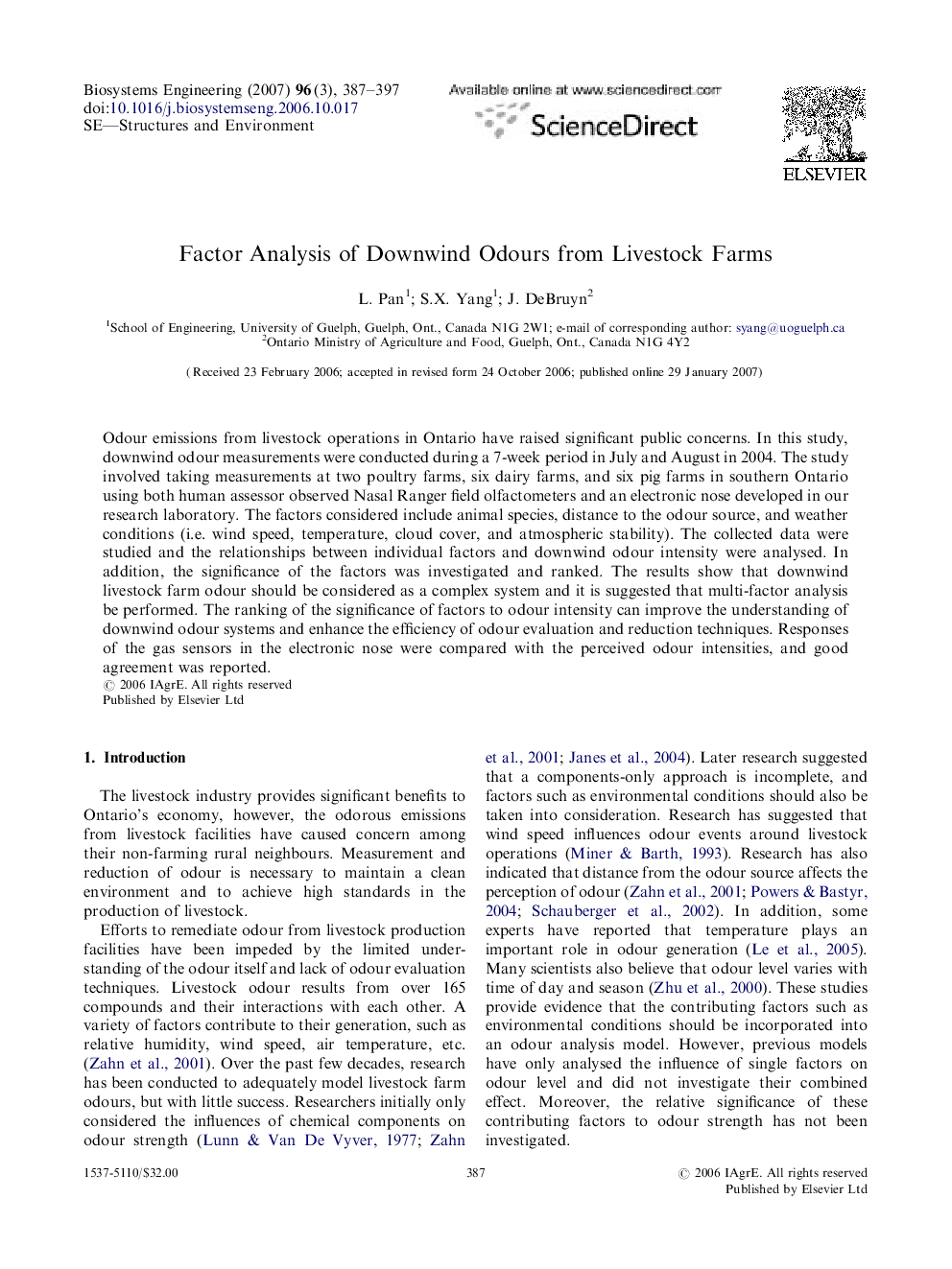 Factor Analysis of Downwind Odours from Livestock Farms