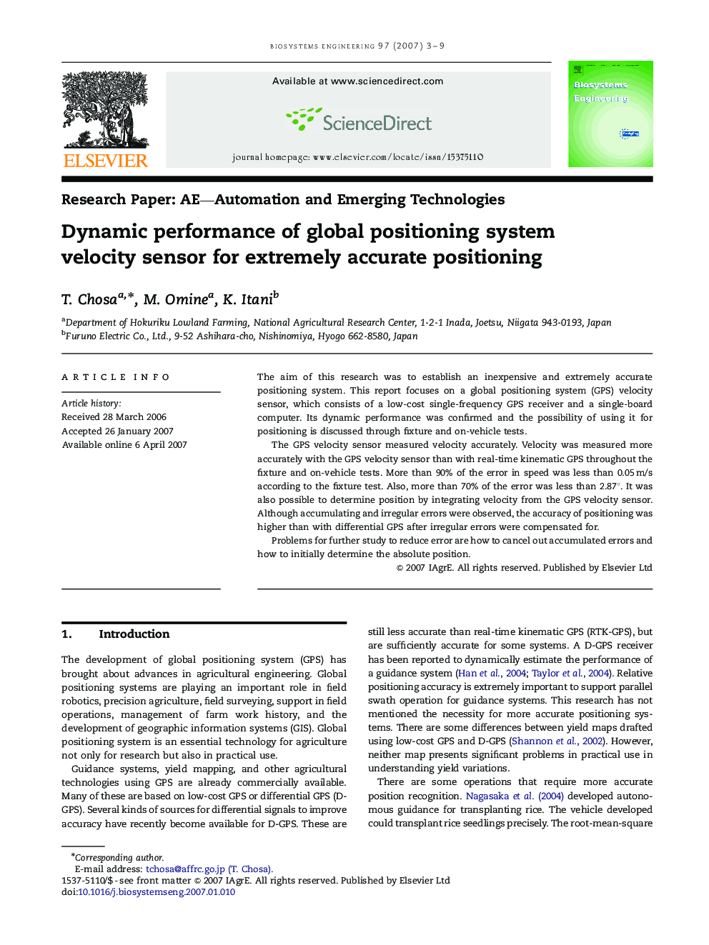 Dynamic performance of global positioning system velocity sensor for extremely accurate positioning