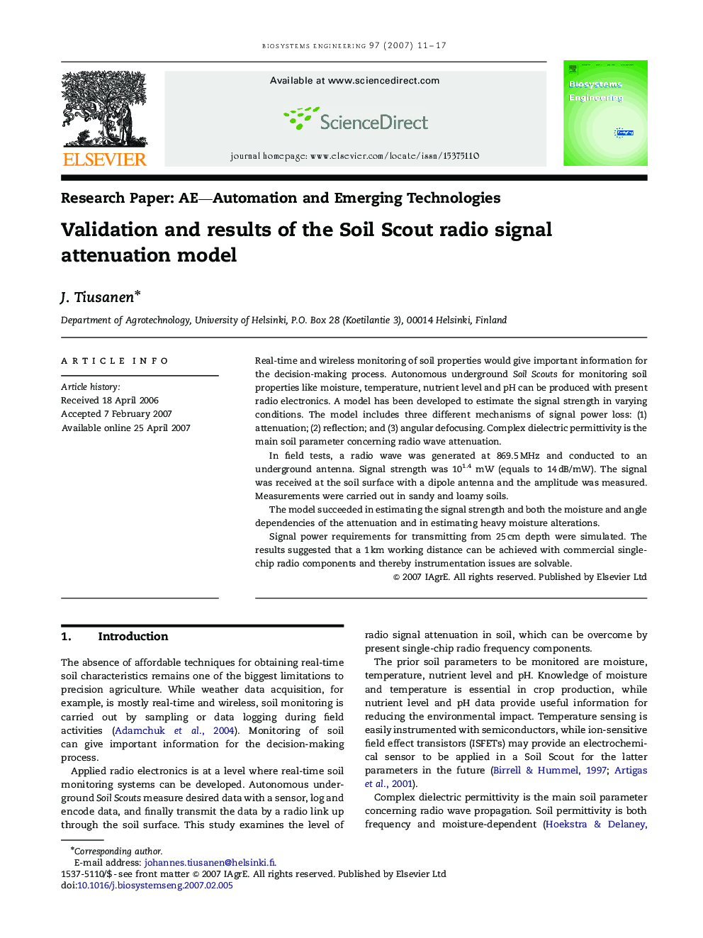 Validation and results of the Soil Scout radio signal attenuation model