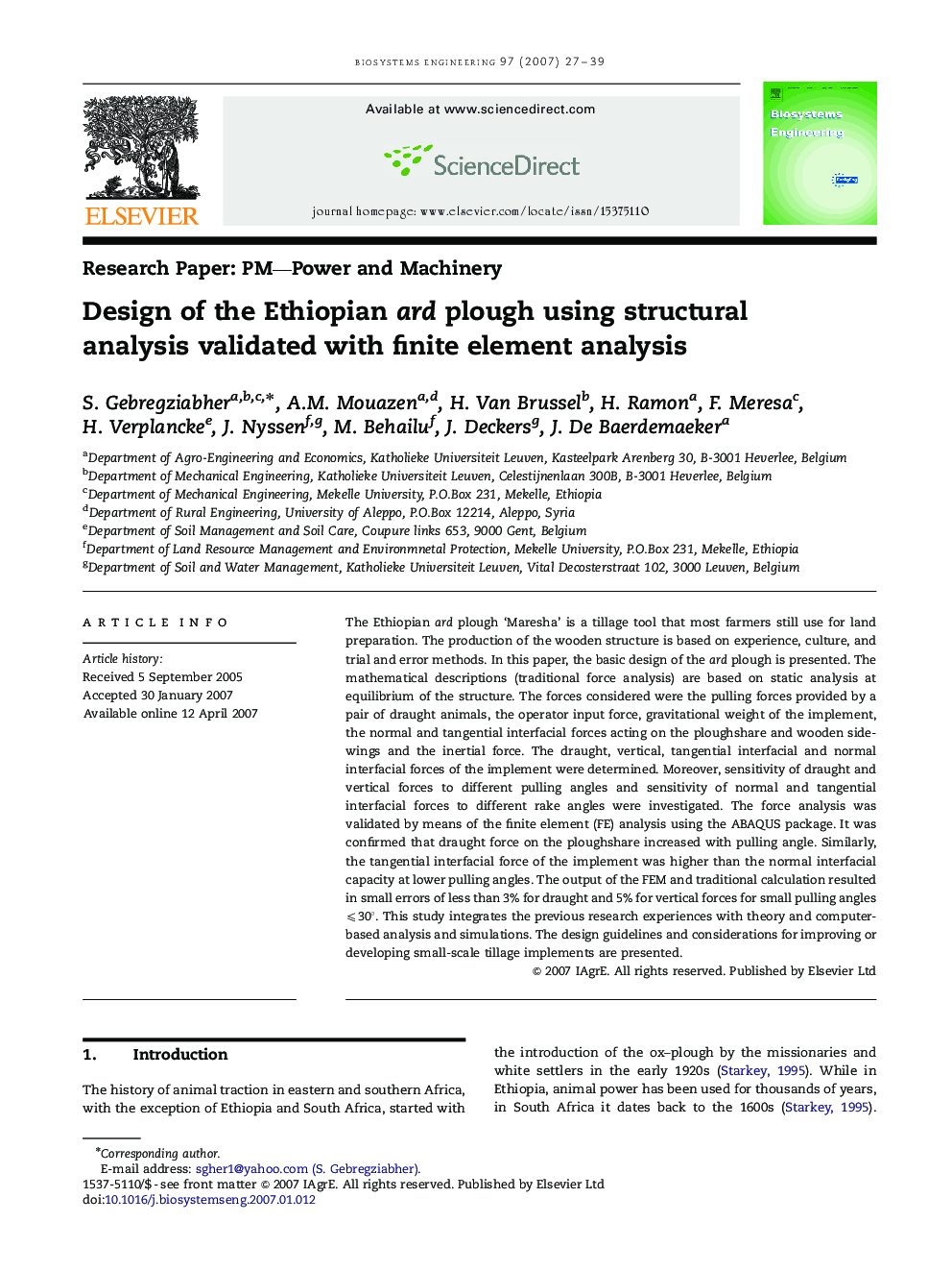 Design of the Ethiopian ard plough using structural analysis validated with finite element analysis