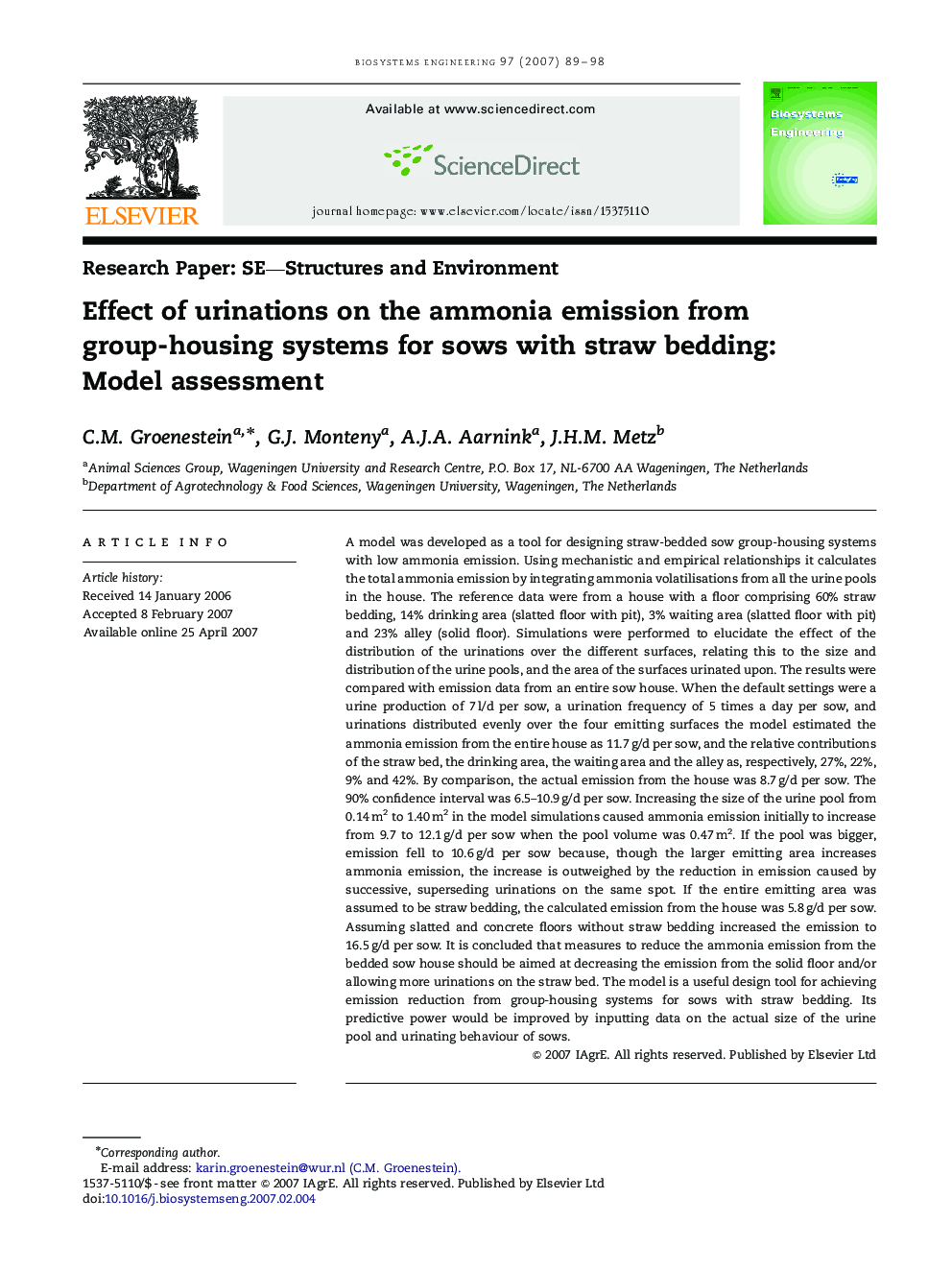 Effect of urinations on the ammonia emission from group-housing systems for sows with straw bedding: Model assessment