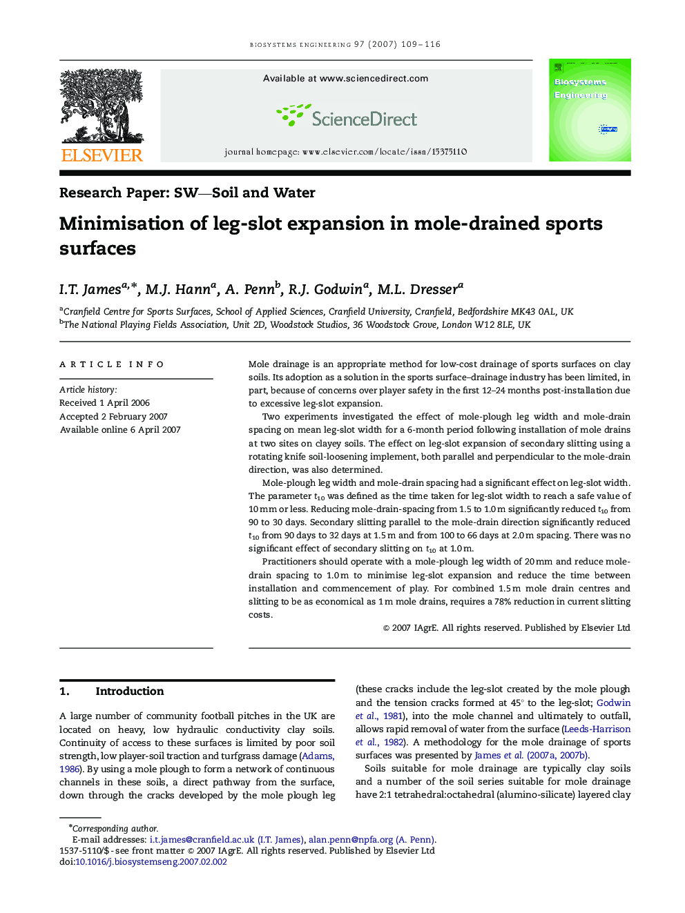 Minimisation of leg-slot expansion in mole-drained sports surfaces