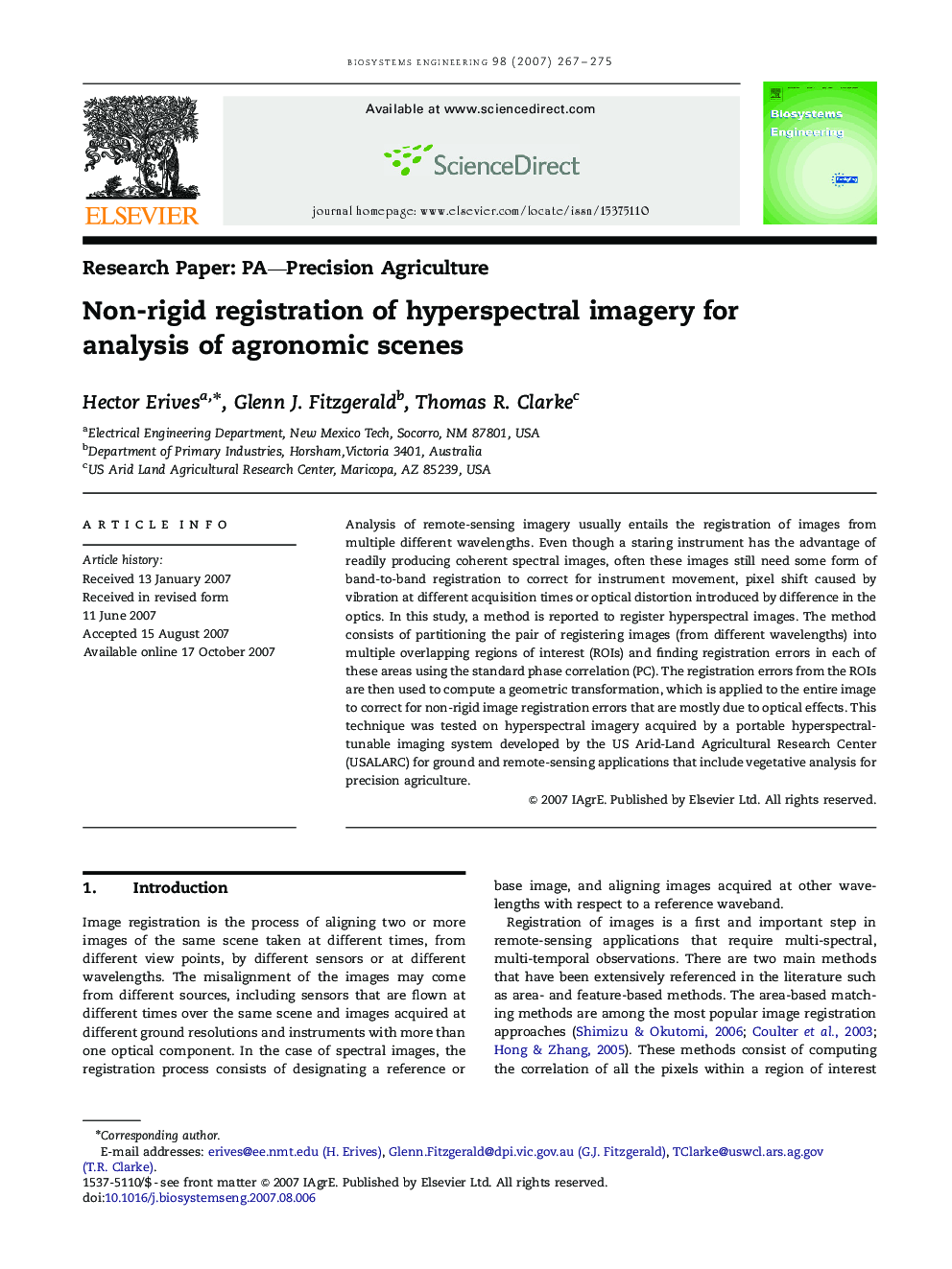 Non-rigid registration of hyperspectral imagery for analysis of agronomic scenes