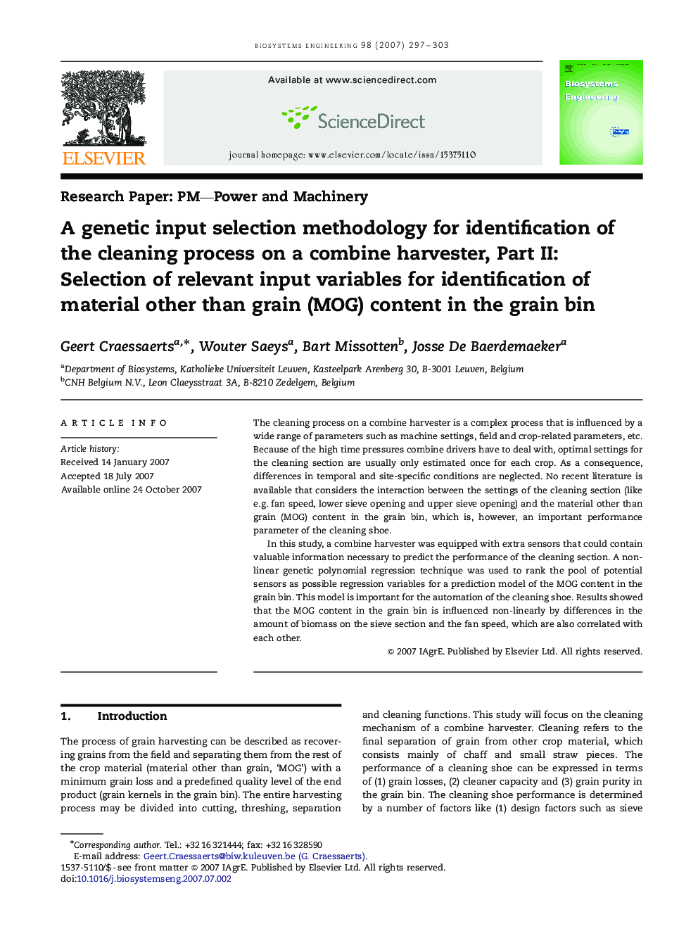 A genetic input selection methodology for identification of the cleaning process on a combine harvester, Part II: Selection of relevant input variables for identification of material other than grain (MOG) content in the grain bin