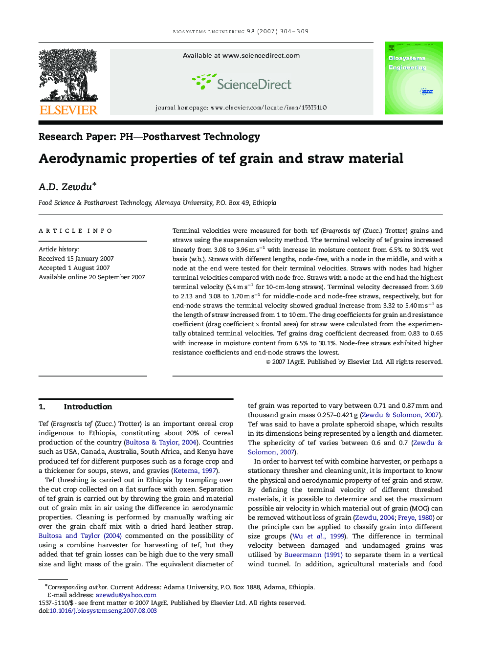 Aerodynamic properties of tef grain and straw material