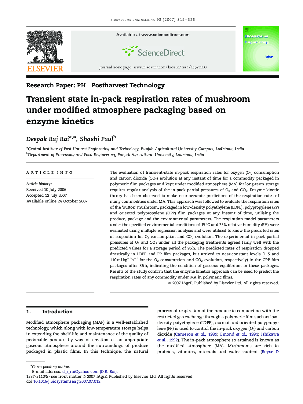 Transient state in-pack respiration rates of mushroom under modified atmosphere packaging based on enzyme kinetics