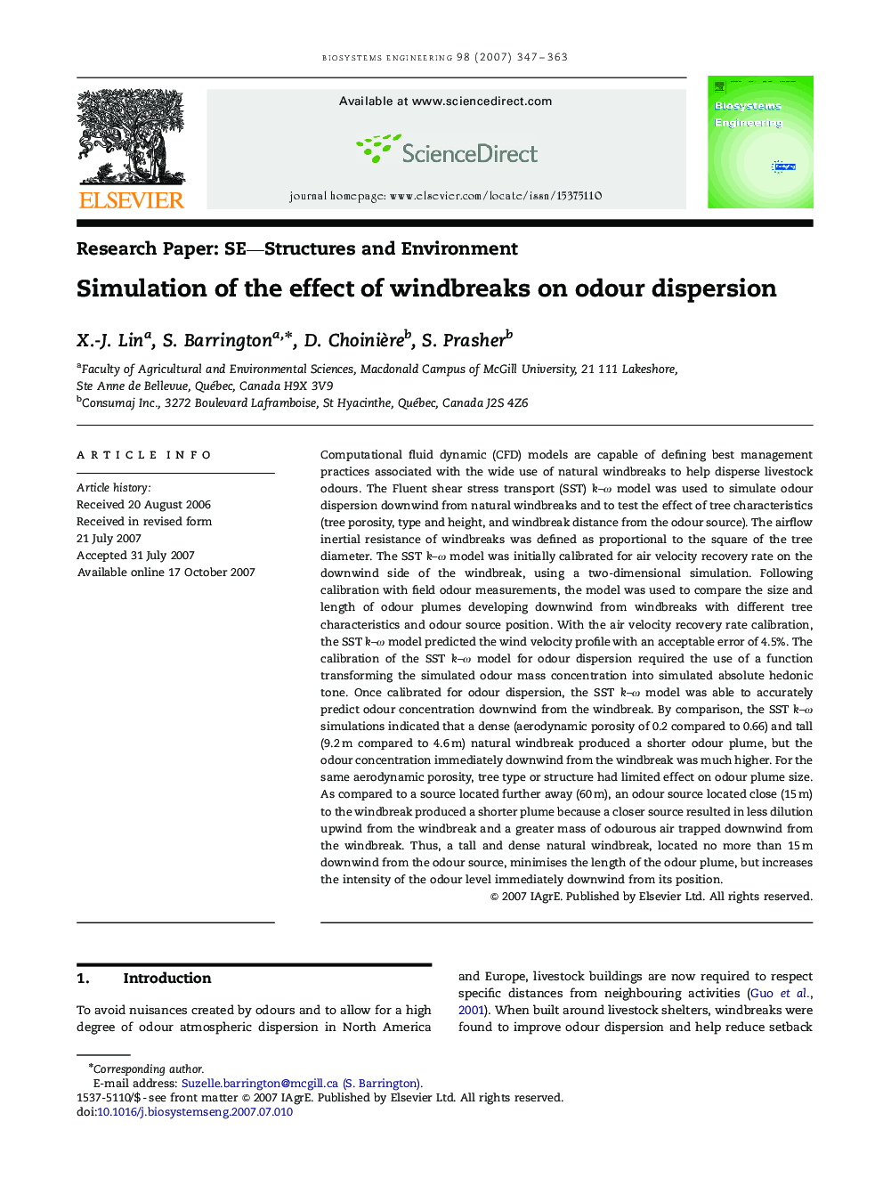 Simulation of the effect of windbreaks on odour dispersion