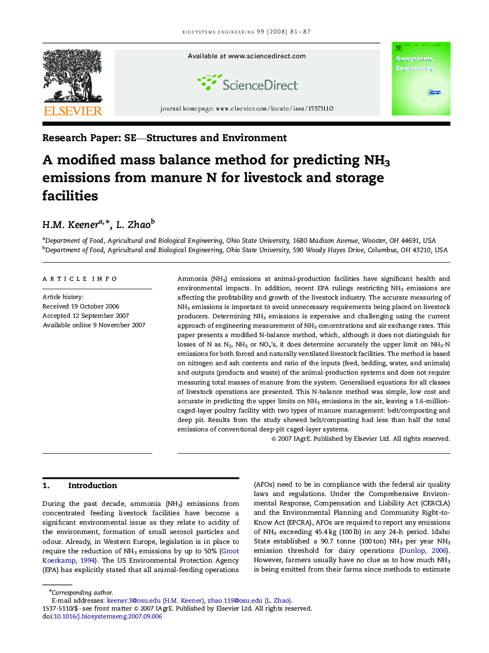 A modified mass balance method for predicting NH3 emissions from manure N for livestock and storage facilities