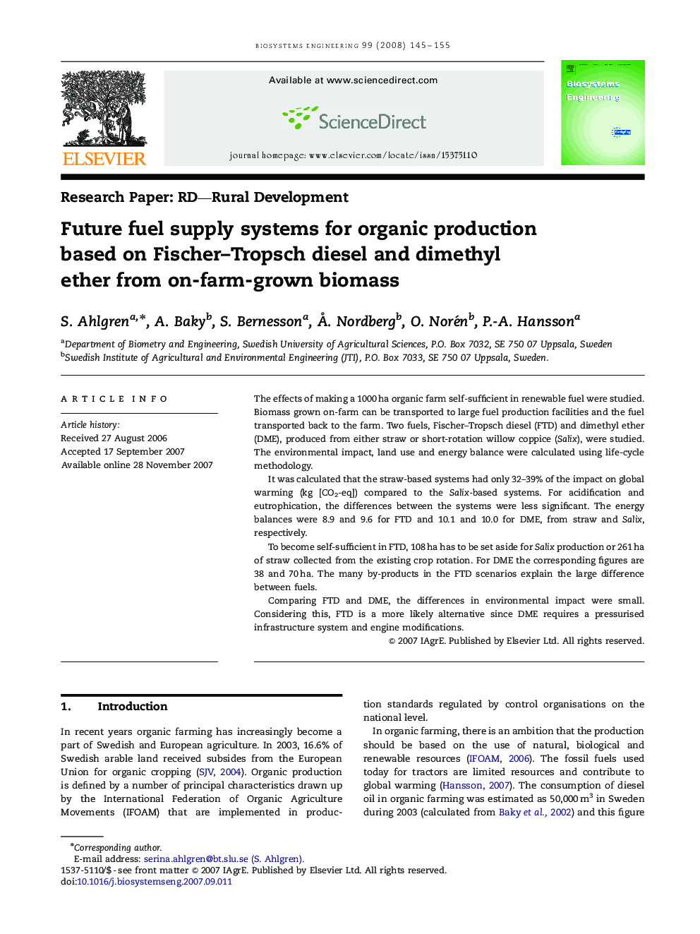 Future fuel supply systems for organic production based on Fischer–Tropsch diesel and dimethyl ether from on-farm-grown biomass