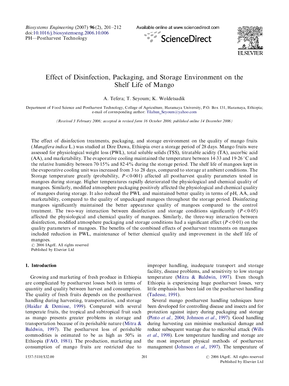 Effect of Disinfection, Packaging, and Storage Environment on the Shelf Life of Mango